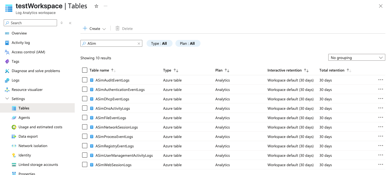 Log Analytics Tables